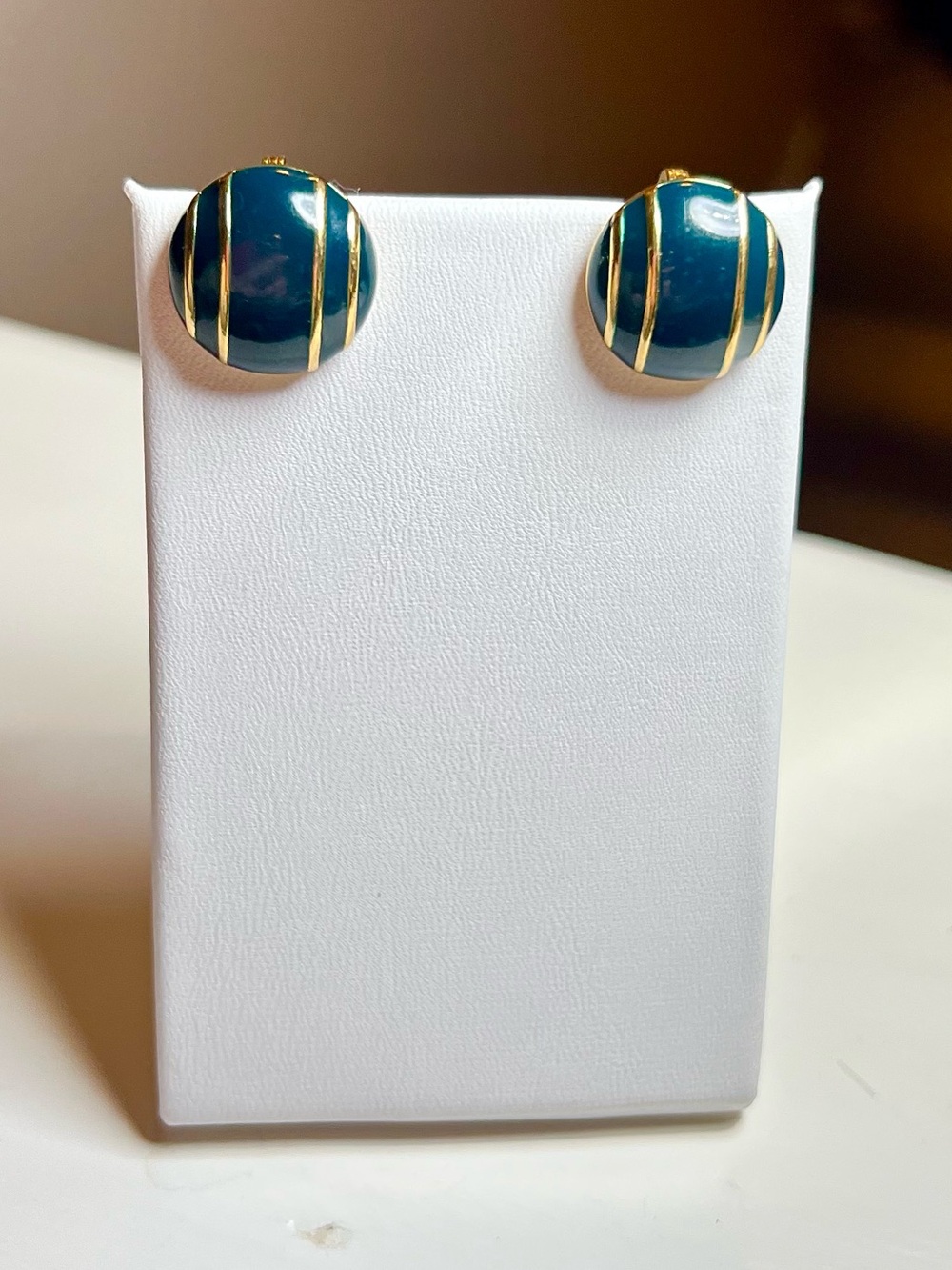 Vintage Monet Teal Enamel Gold Tone Clip On Earrings Signed Designer Retro